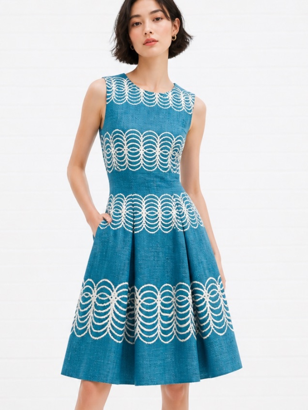 JUST TAYLOR Anthropologie Sleeveless Geo Pleated Fit Flare Turquoise Cotton